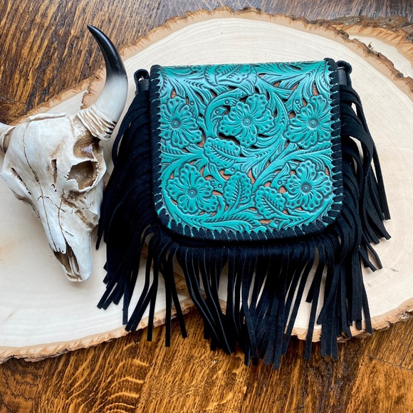 Handbags - Western Leather Crossbody Fringe Tooled purse bag